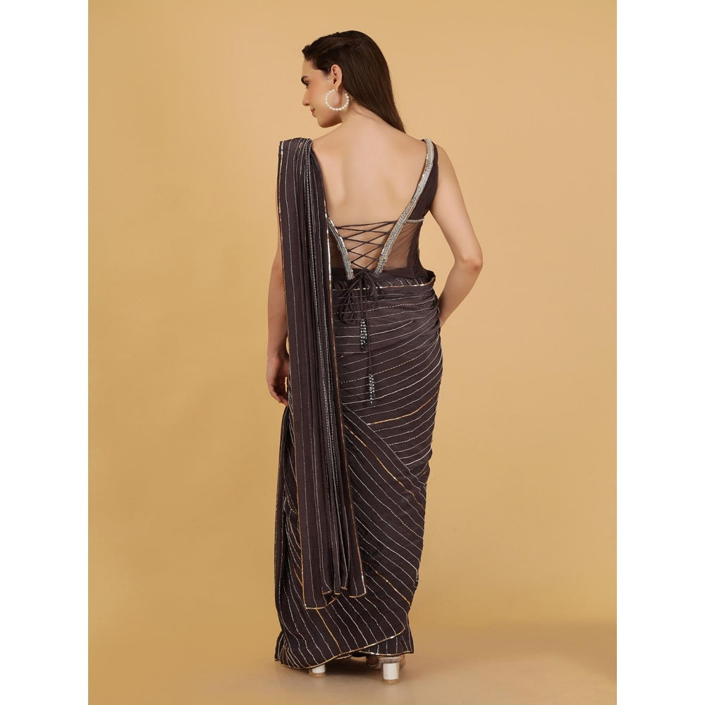 MILU MADAN Dark Grey Crepe Pre-Draped Saree with Stitched Blouse