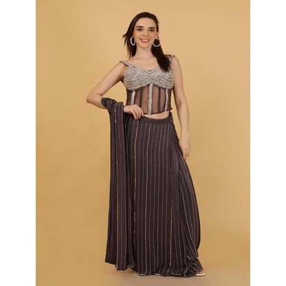 MILU MADAN Dark Grey Crepe Pre-Draped Saree with Stitched Blouse