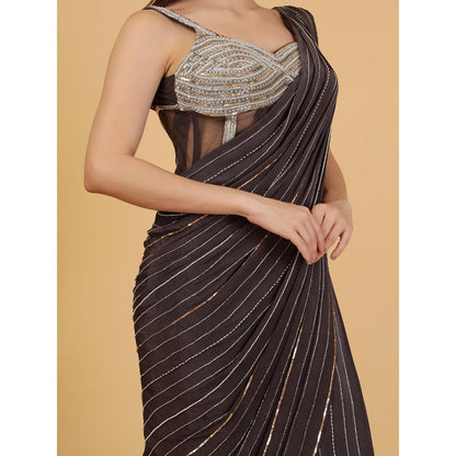 MILU MADAN Dark Grey Crepe Pre-Draped Saree with Stitched Blouse