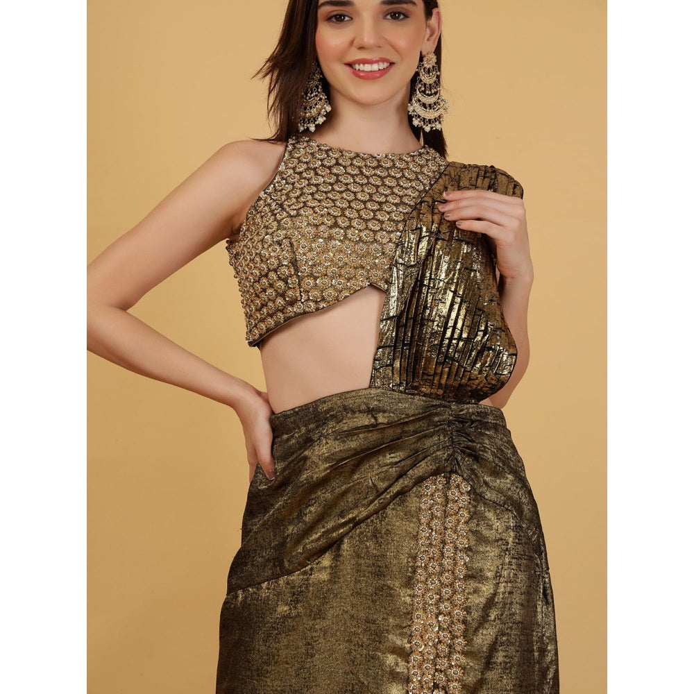 MILU MADAN Gold Crepe Drape Saree with Stitched Blouse