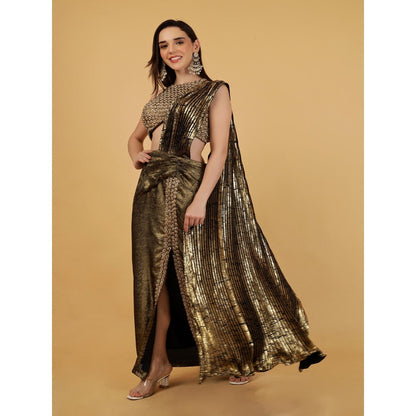 MILU MADAN Gold Crepe Drape Saree with Stitched Blouse