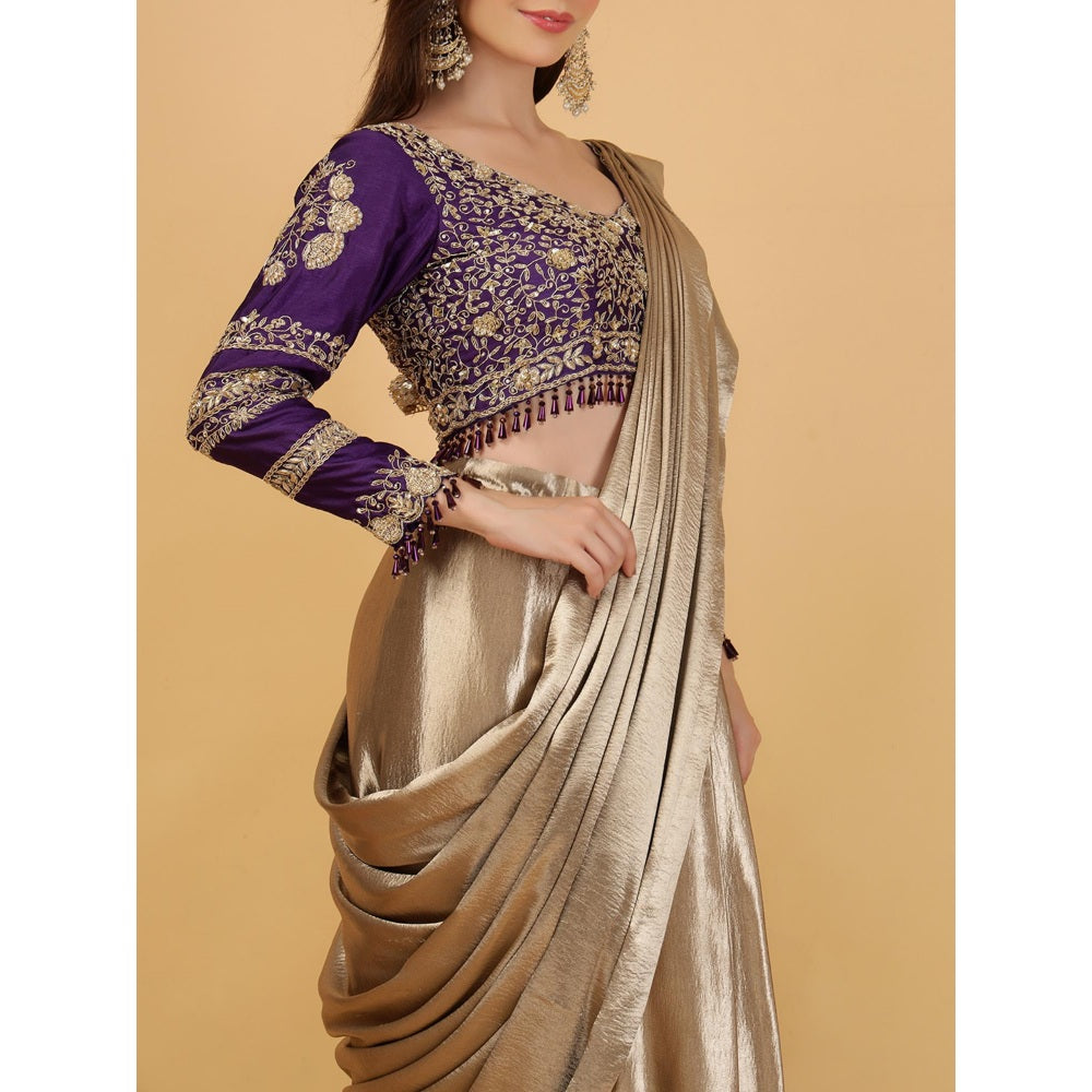 MILU MADAN Beige Drape Saree with Stitched Blouse