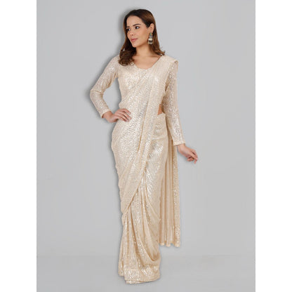 MILU MADAN Ivory Sequin Lycra Saree with Stitched Blouse