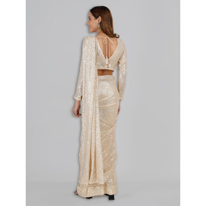 MILU MADAN Ivory Sequin Lycra Saree with Stitched Blouse