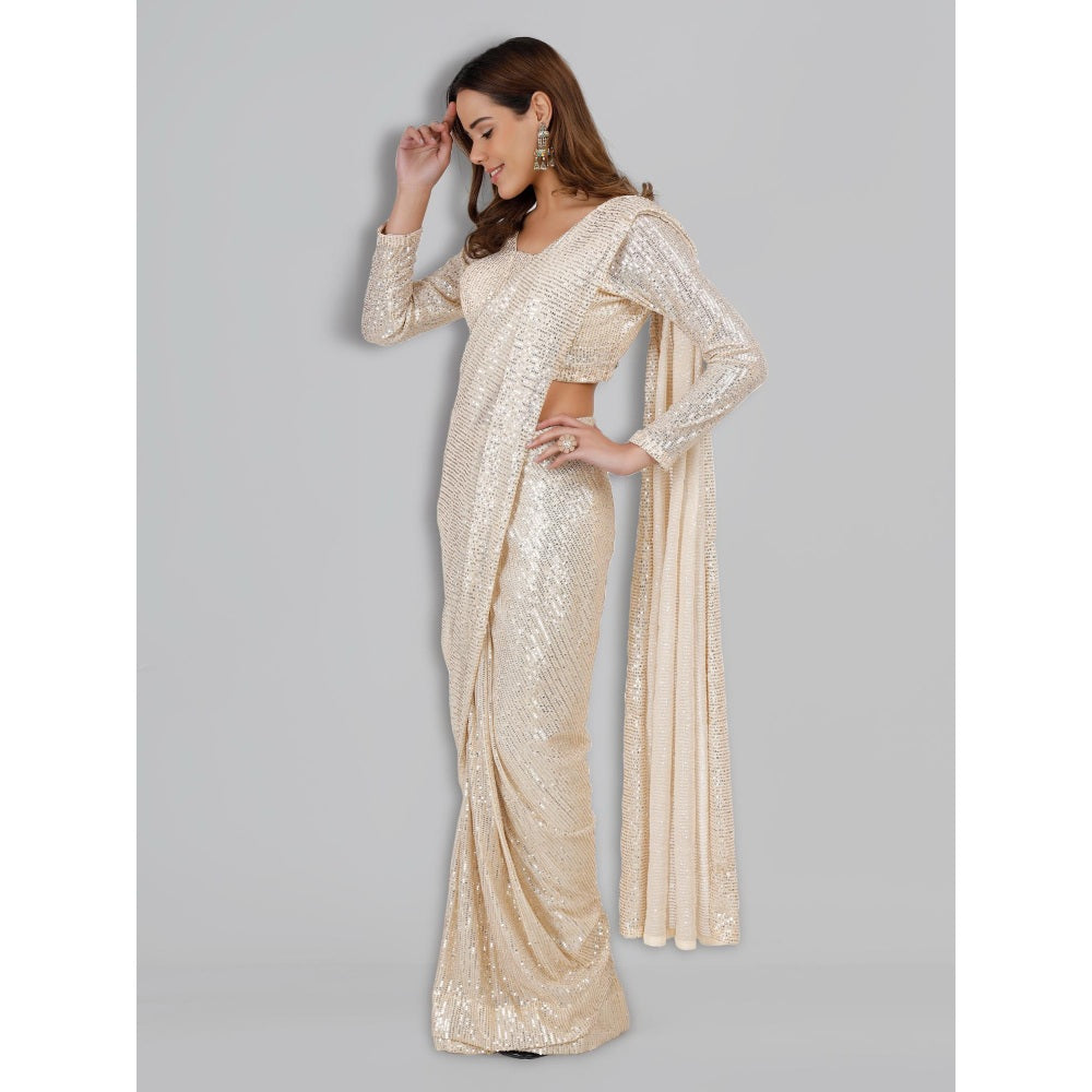 MILU MADAN Ivory Sequin Lycra Saree with Stitched Blouse