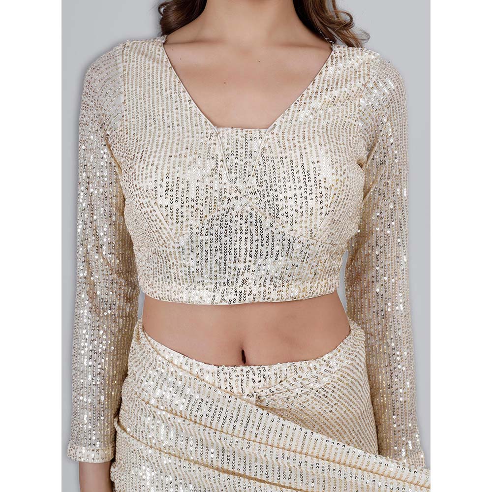 MILU MADAN Ivory Sequin Lycra Saree with Stitched Blouse