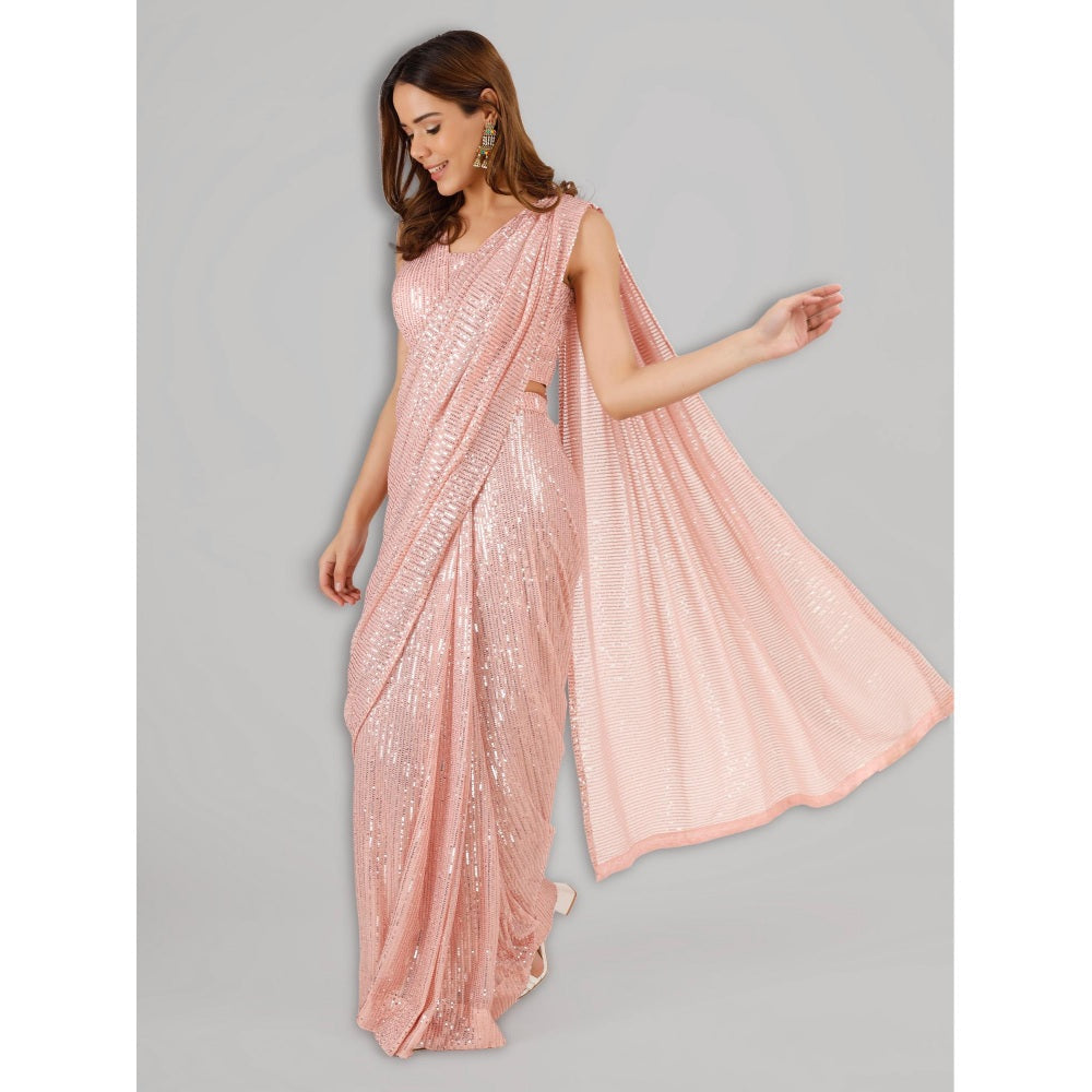 MILU MADAN Peach Sequin Lycra Saree with Stitched Blouse