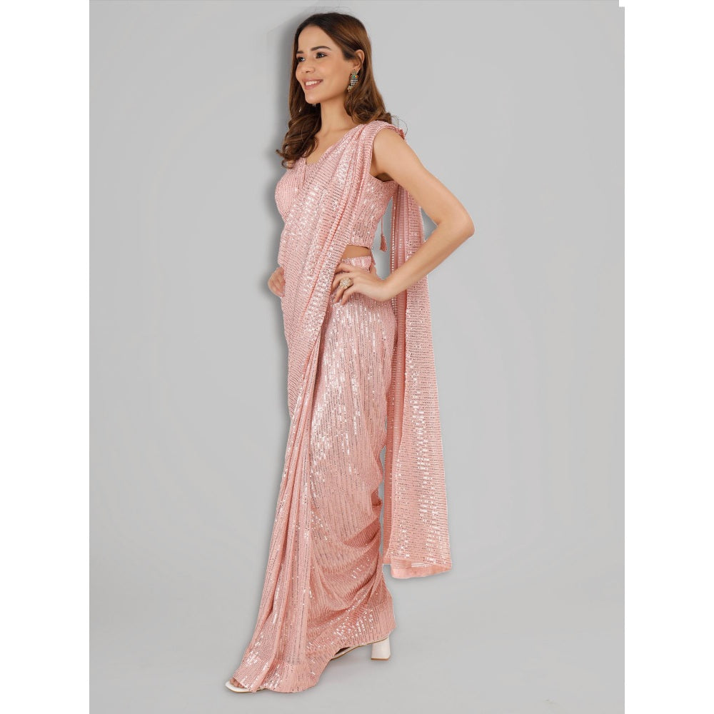 MILU MADAN Peach Sequin Lycra Saree with Stitched Blouse
