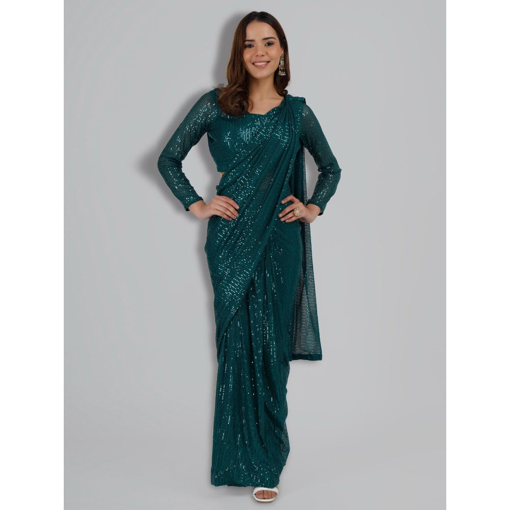 MILU MADAN Bottle Green Sequinned Lycra Saree with Stitched Blouse