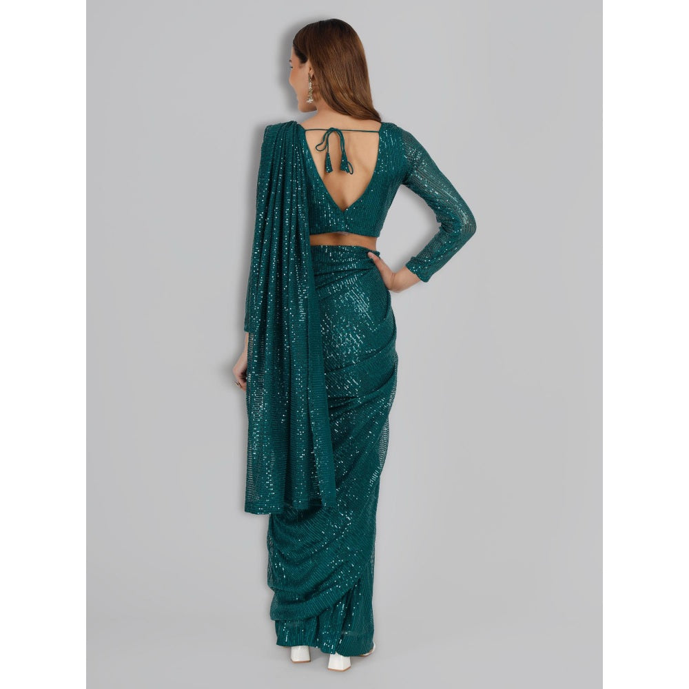 MILU MADAN Bottle Green Sequinned Lycra Saree with Stitched Blouse