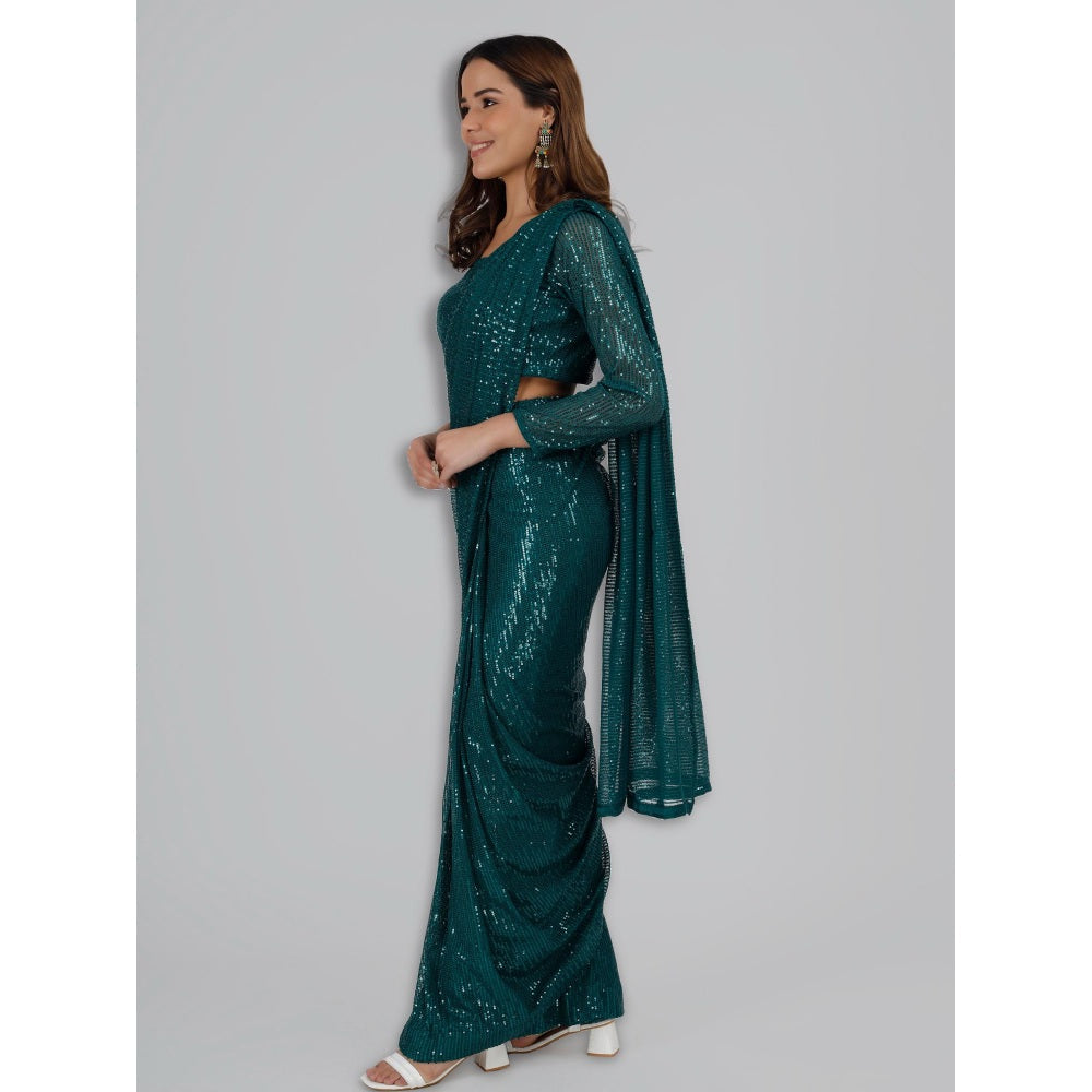 MILU MADAN Bottle Green Sequinned Lycra Saree with Stitched Blouse