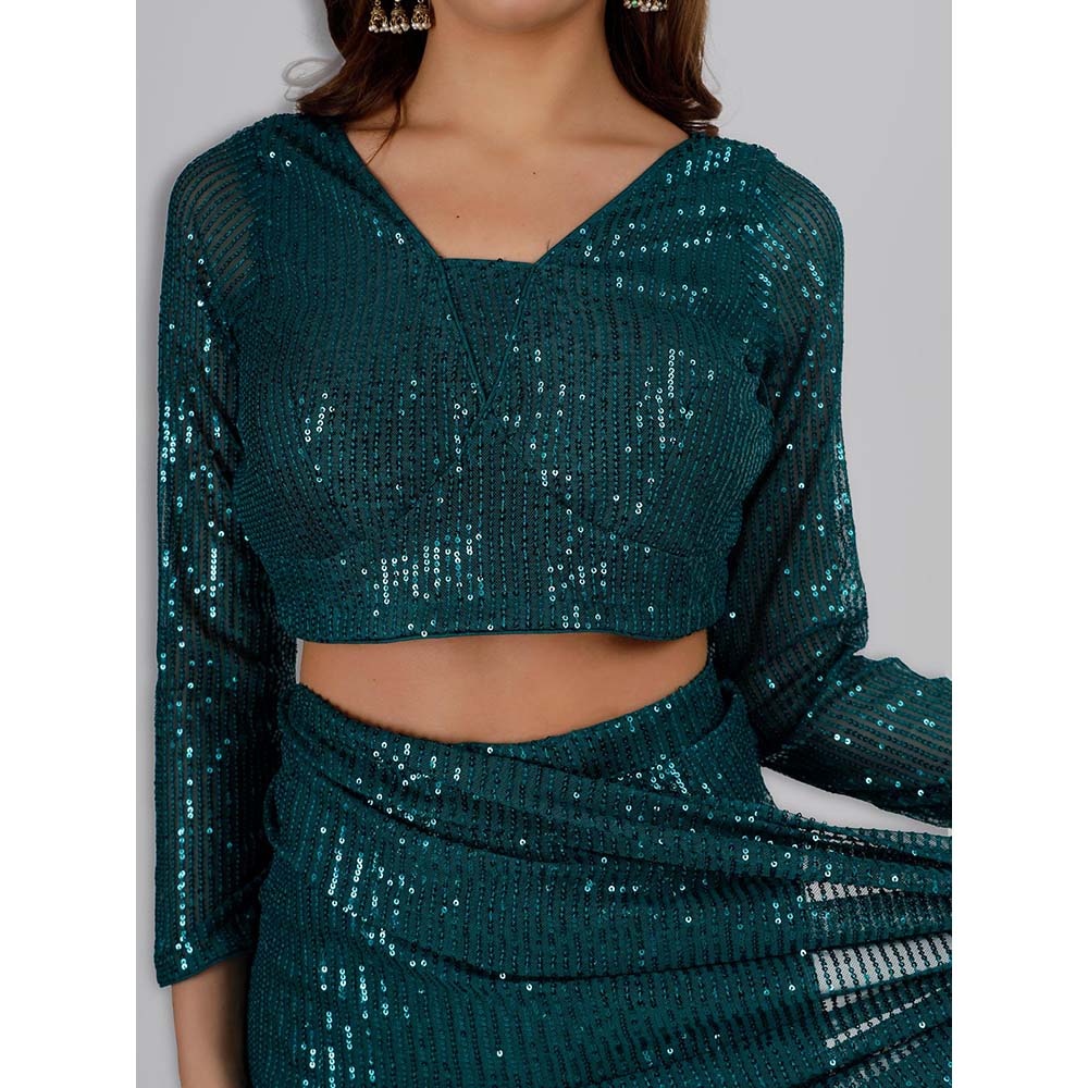 MILU MADAN Bottle Green Sequinned Lycra Saree with Stitched Blouse