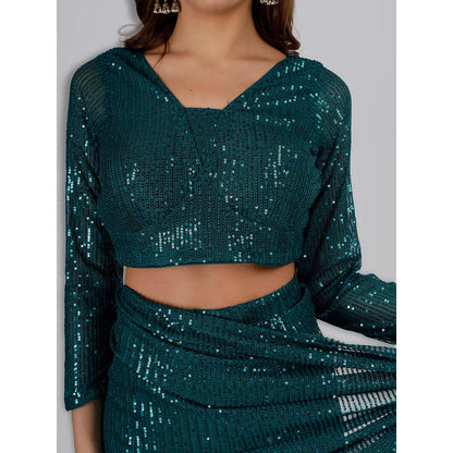 MILU MADAN Bottle Green Sequinned Lycra Saree with Stitched Blouse