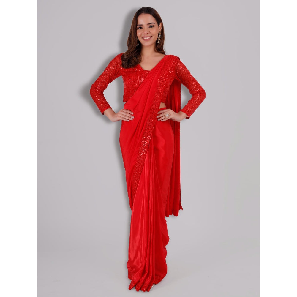 MILU MADAN Red Crepe Pre Stitched Blouse Saree with Stitched Blouse