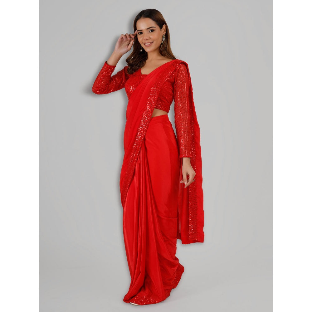 MILU MADAN Red Crepe Pre Stitched Blouse Saree with Stitched Blouse
