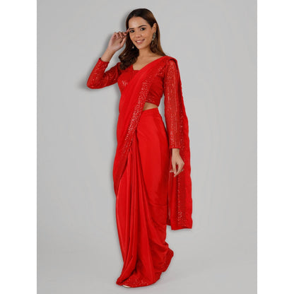 MILU MADAN Red Crepe Pre Stitched Blouse Saree with Stitched Blouse
