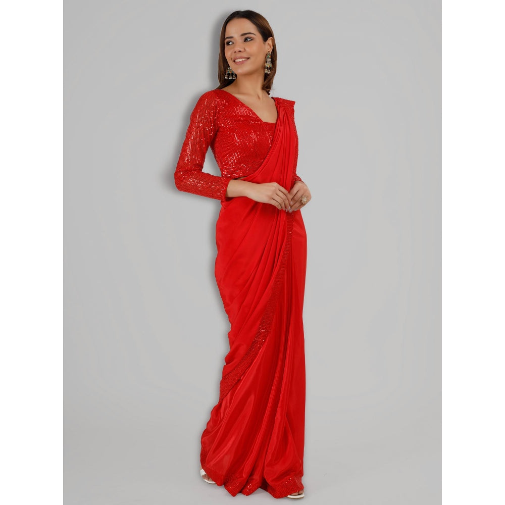MILU MADAN Red Crepe Pre Stitched Blouse Saree with Stitched Blouse
