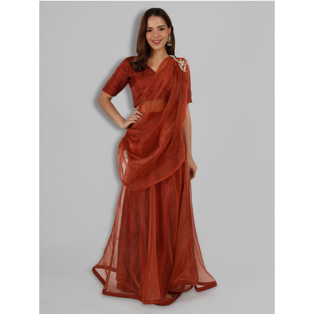 MILU MADAN Rust Organza Fish Cut Drape Saree with Stitched Blouse