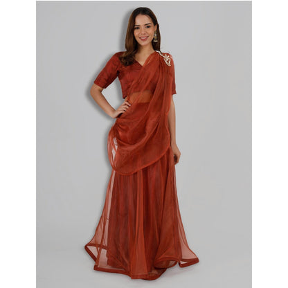MILU MADAN Rust Organza Fish Cut Drape Saree with Stitched Blouse
