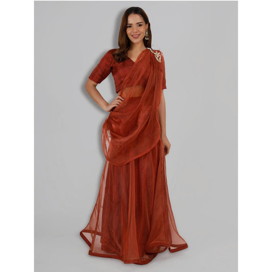 MILU MADAN Rust Organza Fish Cut Drape Saree with Stitched Blouse