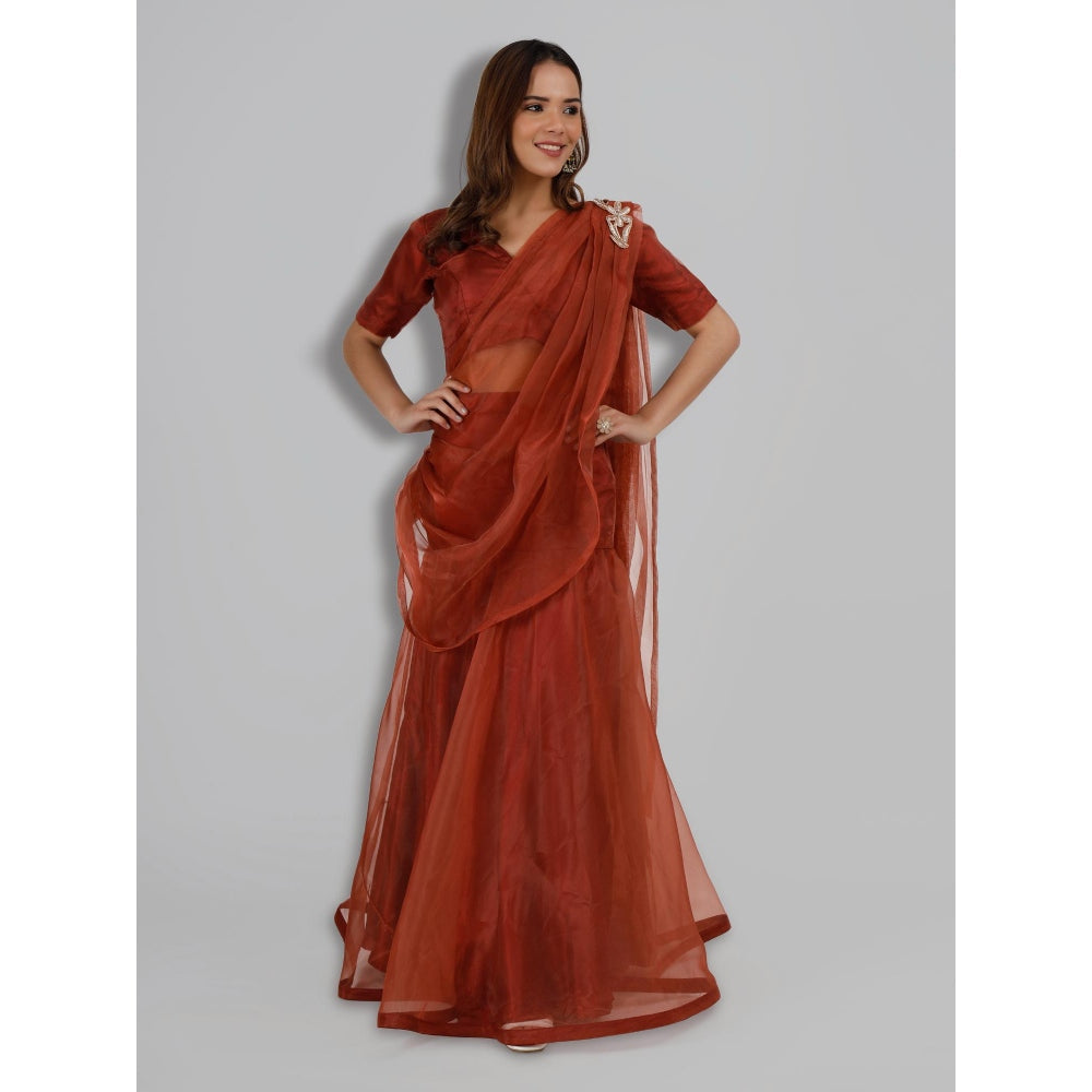 MILU MADAN Rust Organza Fish Cut Drape Saree with Stitched Blouse