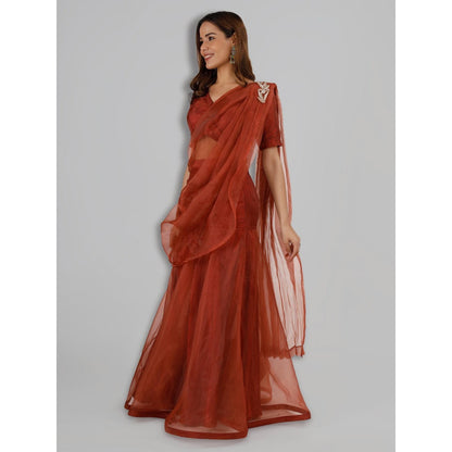 MILU MADAN Rust Organza Fish Cut Drape Saree with Stitched Blouse