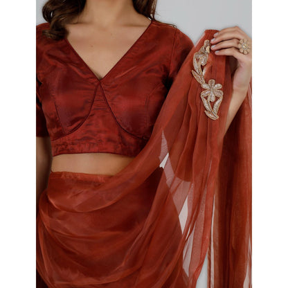 MILU MADAN Rust Organza Fish Cut Drape Saree with Stitched Blouse