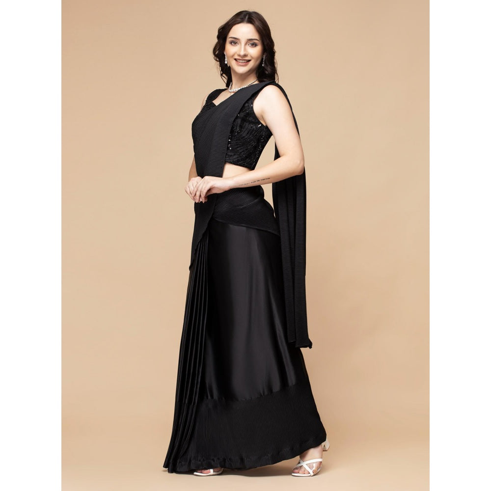 MILU MADAN Black Pleated Drape Saree with Stitched Blouse
