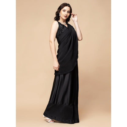 MILU MADAN Black Pleated Drape Saree with Stitched Blouse