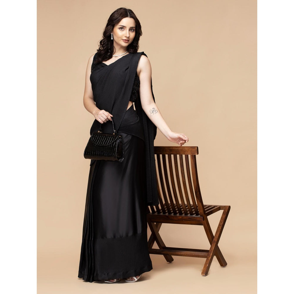 MILU MADAN Black Pleated Drape Saree with Stitched Blouse