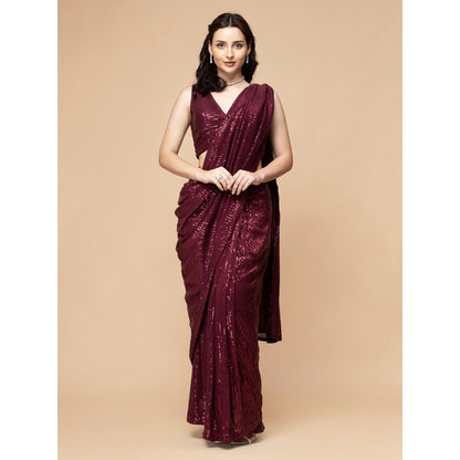 MILU MADAN Wine Sequin Lycra Drape Saree with Stitched Blouse