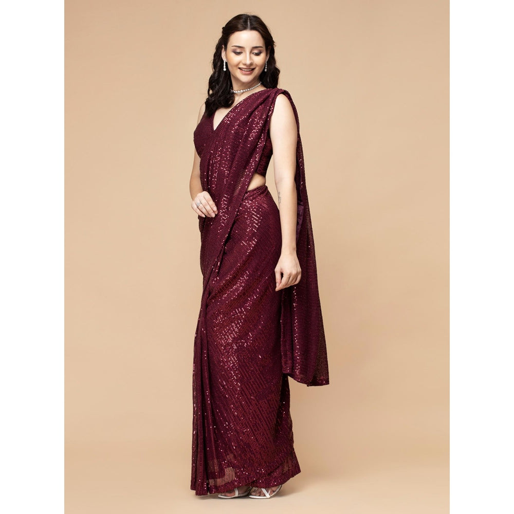 MILU MADAN Wine Sequin Lycra Drape Saree with Stitched Blouse