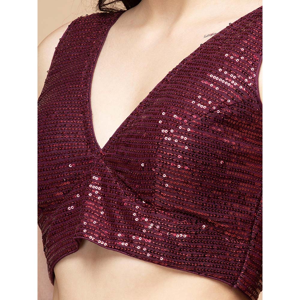 MILU MADAN Wine Sequin Lycra Drape Saree with Stitched Blouse