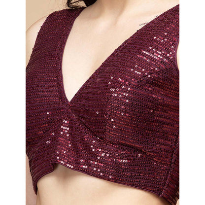 MILU MADAN Wine Sequin Lycra Drape Saree with Stitched Blouse