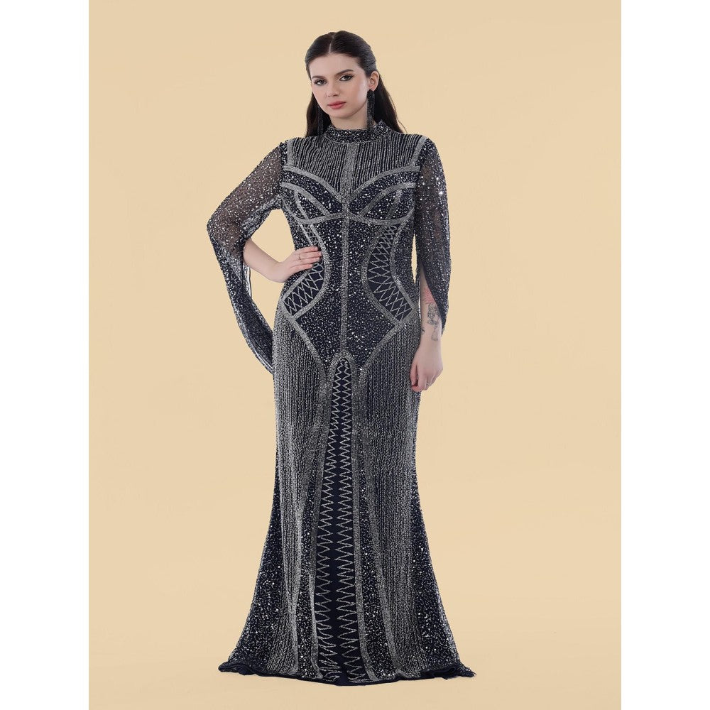 MILU MADAN Dark Blue Net Backtrail Gown With Heavy Beed Work