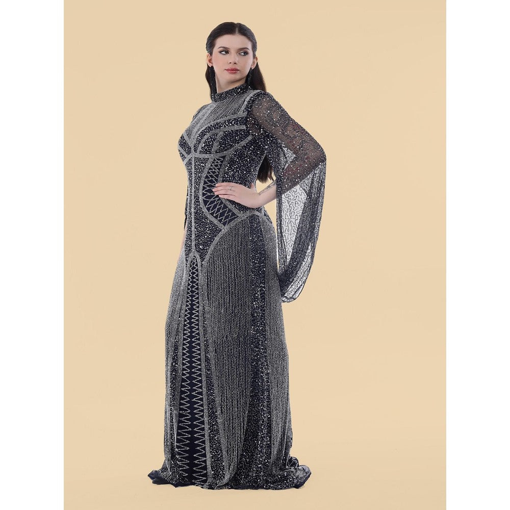 MILU MADAN Dark Blue Net Backtrail Gown With Heavy Beed Work