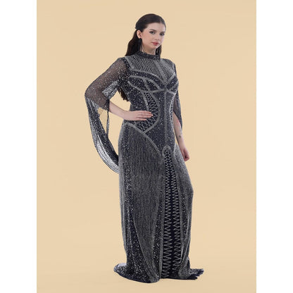 MILU MADAN Dark Blue Net Backtrail Gown With Heavy Beed Work