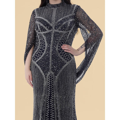 MILU MADAN Dark Blue Net Backtrail Gown With Heavy Beed Work