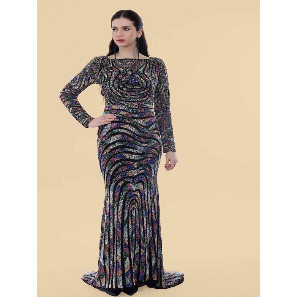 MILU MADAN Black Net Backtrail Gown With Multicolour Beadwork