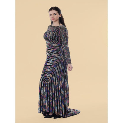 MILU MADAN Black Net Backtrail Gown With Multicolour Beadwork