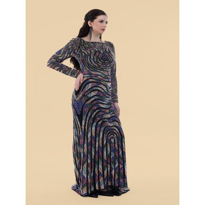 MILU MADAN Black Net Backtrail Gown With Multicolour Beadwork