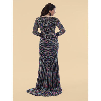 MILU MADAN Black Net Backtrail Gown With Multicolour Beadwork