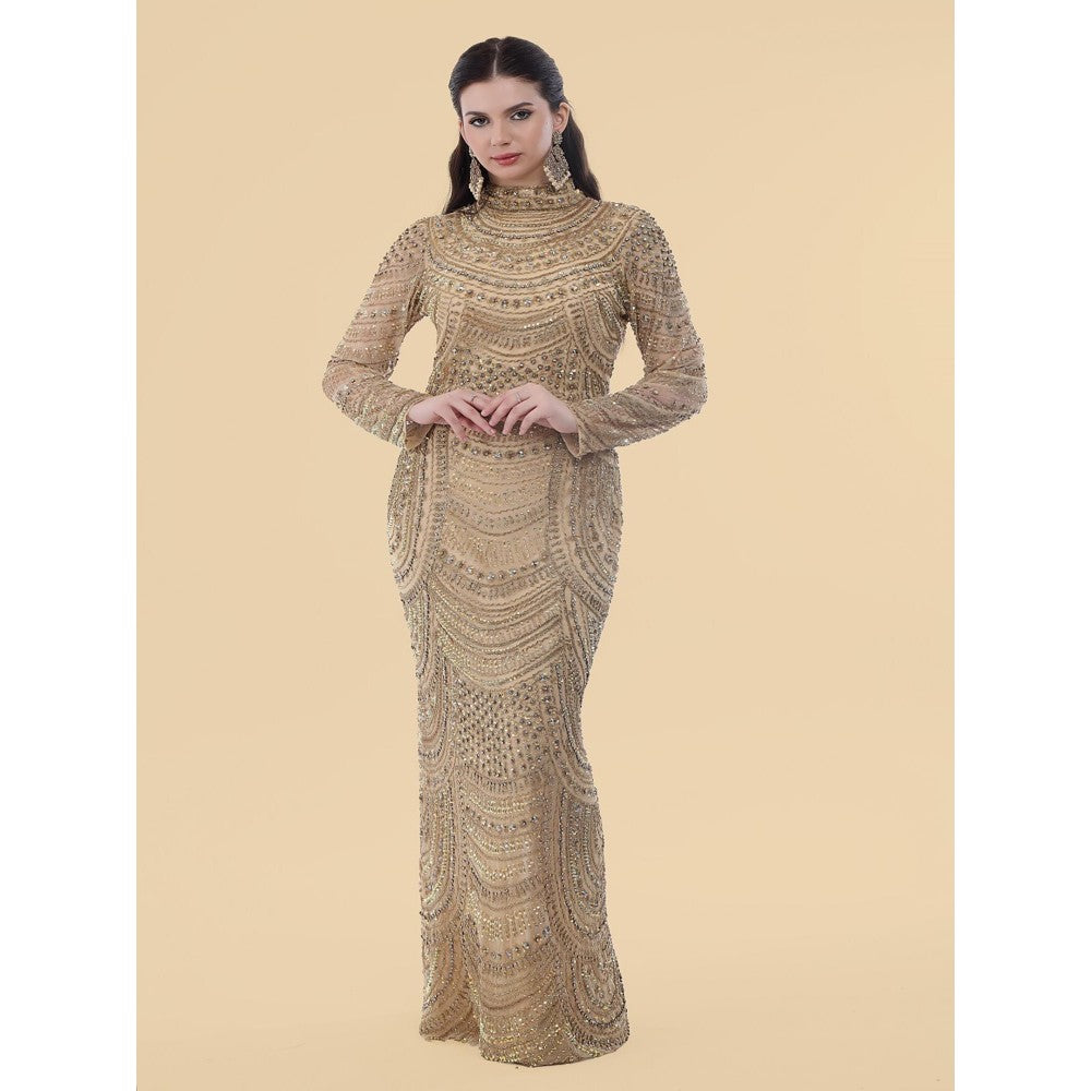 MILU MADAN Gold Net Gown With Heavy Gold Embroidery