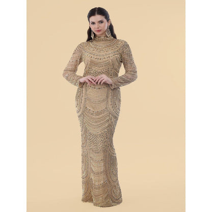 MILU MADAN Gold Net Gown With Heavy Gold Embroidery