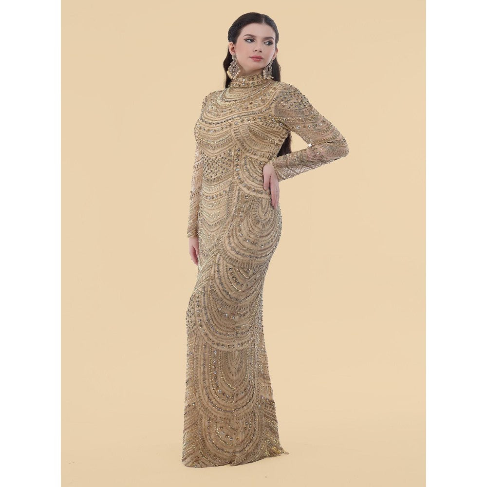 MILU MADAN Gold Net Gown With Heavy Gold Embroidery
