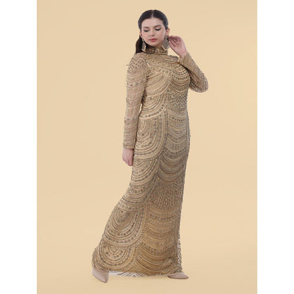 MILU MADAN Gold Net Gown With Heavy Gold Embroidery