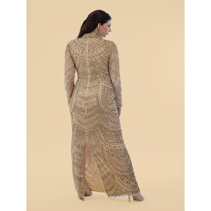 MILU MADAN Gold Net Gown With Heavy Gold Embroidery
