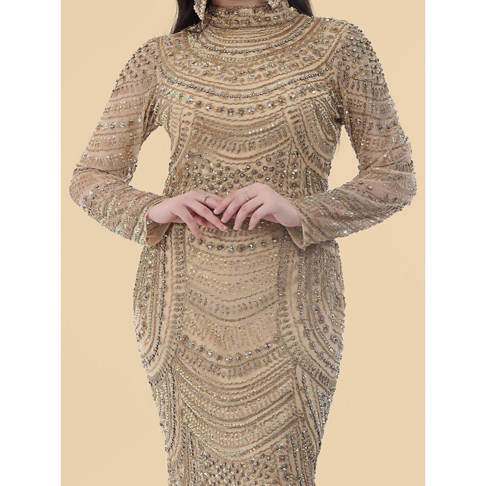 MILU MADAN Gold Net Gown With Heavy Gold Embroidery