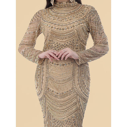 MILU MADAN Gold Net Gown With Heavy Gold Embroidery