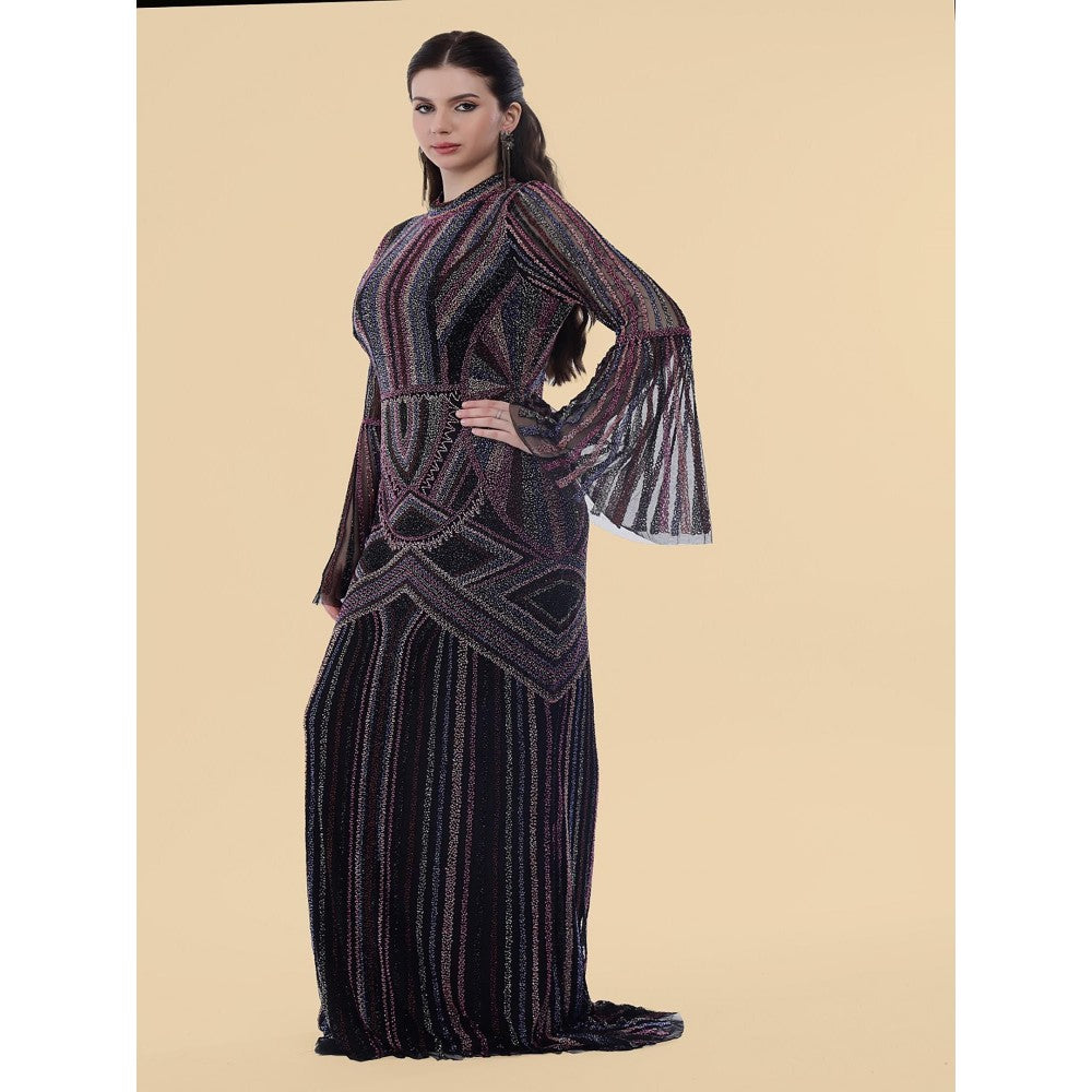 MILU MADAN Black Net Backtrail Gown With Heavy Beadwork